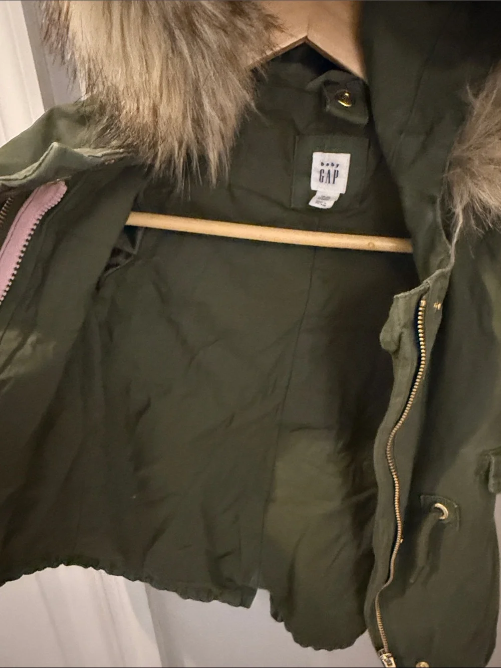 Baby Gap 18-24mths Olive Green Hooded Parka with Removable Faux Fur Trim